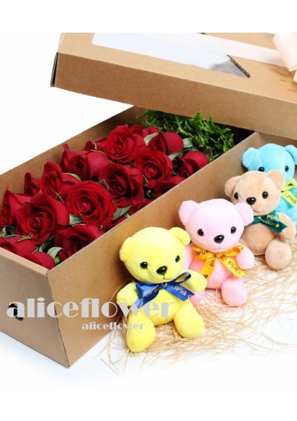 台北當日送花訂花,熊愛妳紅玫盒裝花
