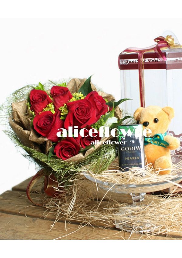 盒裝花,熊甜蜜紅玫瑰迷你花束