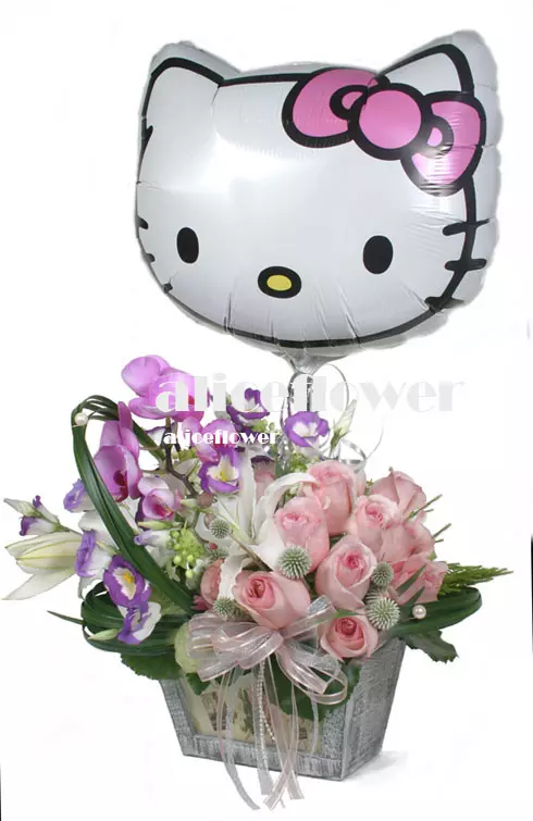 氣球-甜心凱蒂貓氣球盆花,台北愛麗絲花坊.