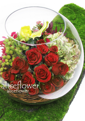 精緻盆花設計,熱情玫瑰玻璃花球