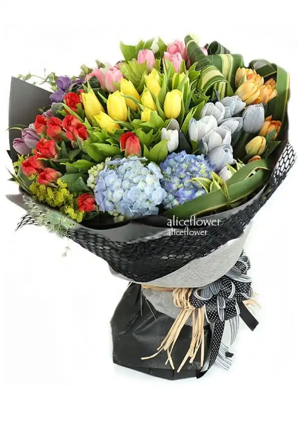 @[Hand wrapped bouquet],Colorful Rainbow Tulips