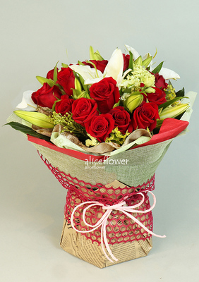 玫瑰花束,愛戀紅玫瑰百合金鑽花束