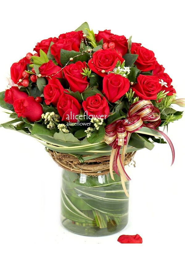 進口大朵玫瑰瓶裝花,爵色女伶紅玫瑰瓶裝花