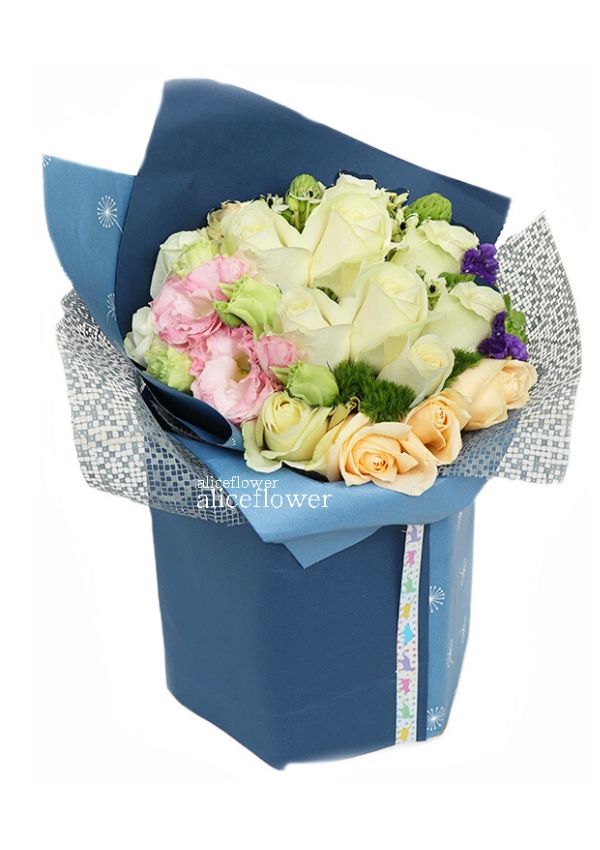 Rose Bouquet,Blue Classic White Roses