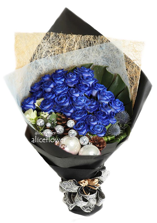 玫瑰花束,冰雪藍緣藍玫瑰花束