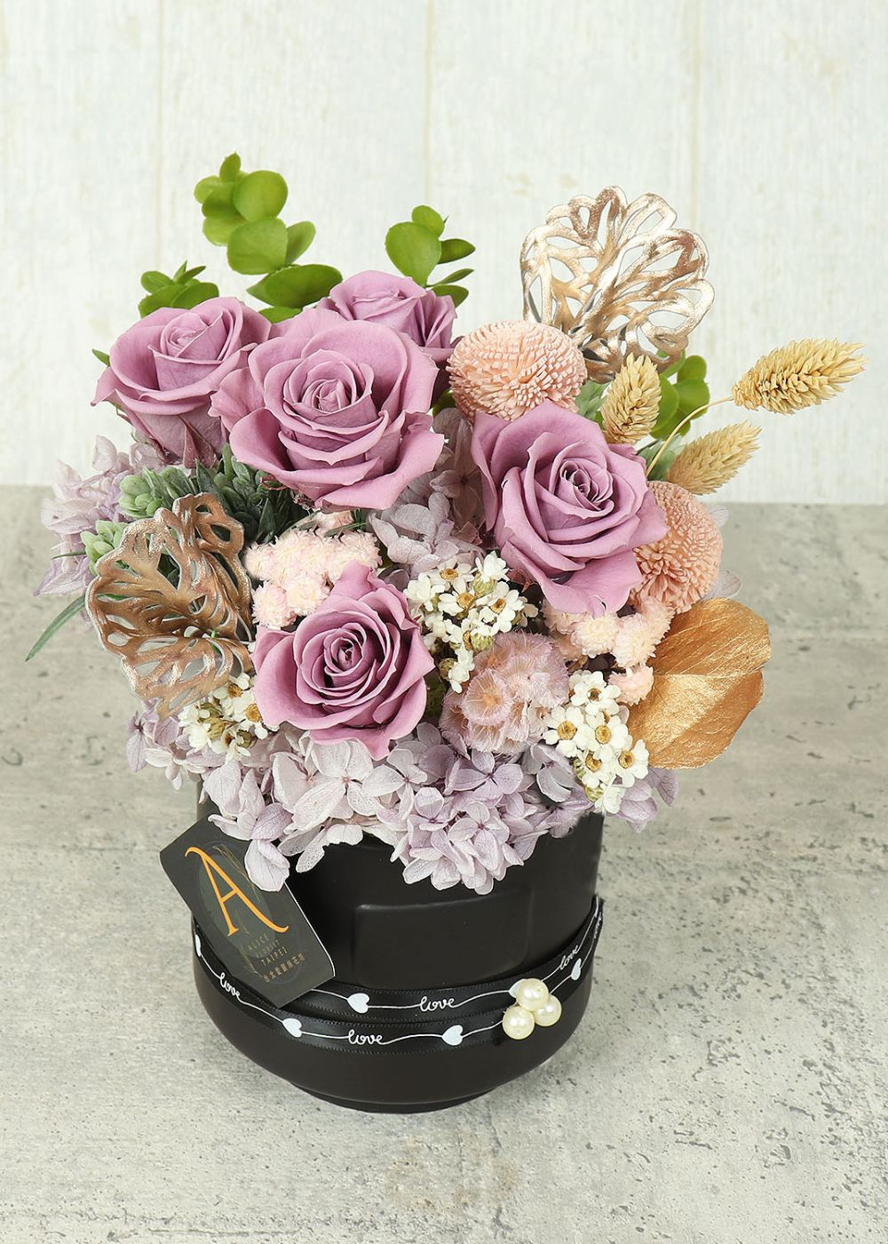 Birthday arranged flowers,Purple Romance forever roses